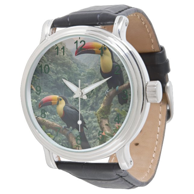Tropische Harmonie: Zwei Toucans auf der Canopy Armbanduhr (Schrägansicht)
