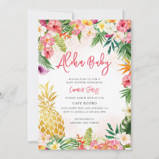 Tropische hawaiianische Babyparty mit rosa Hibisku Einladung