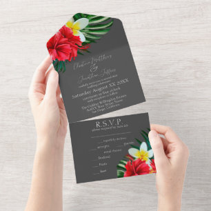 Tropische hawaiianische Blumen auf elegantem Grau All In One Einladung