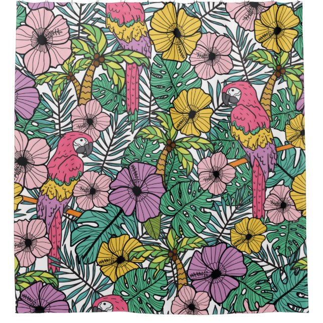 Tropische Hibiskus Blume mit Palmen, Papageien und Duschvorhang (Vorderseite)