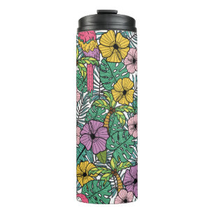 Tropische Hibiskus Blume mit Palmen, Papageien und Thermosbecher