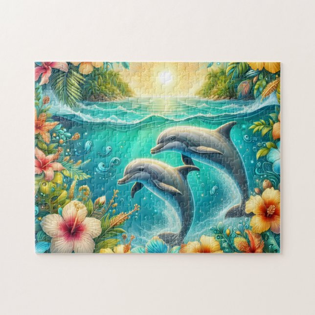 Tropische Hibiskus-Delfine Puzzle (Horizontal)
