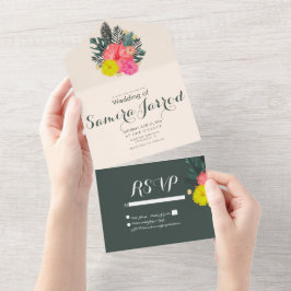Tropische Hibiskus-Handgezeichnete Sommerhochzeit All In One Einladung