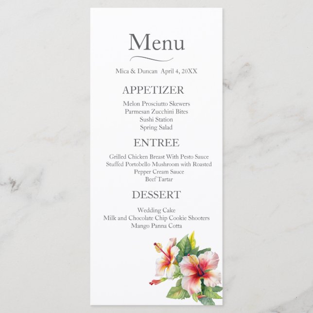 Tropische Hibiskus-Hochzeit Menükarte (Vorderseite)