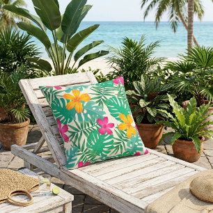 Tropische Hibiskus- und Palmblätter. Coastal Somme Kissen