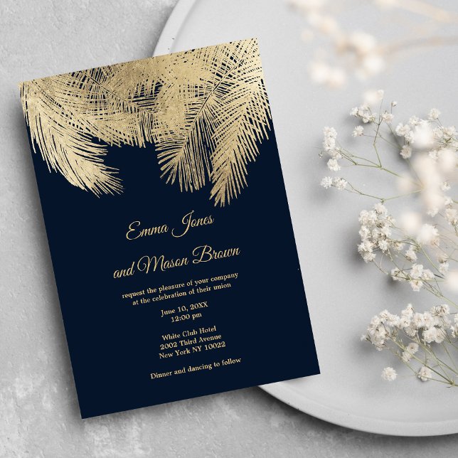 Tropische Hochzeit der Goldpalme der klassischen M Einladung (Classy navy blue gold palm tree tropical Wedding )