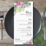 Tropische Hochzeit der Wasserfarbe Menükarte<br><div class="desc">Elegante Destination Blumenpalme tropisches Hochzeitsmenü. Nutzen Sie dieses Menü für einen Hochzeitsempfang, eine Verlobungsfeier, ein Probe-Dinner oder sogar einen anderen besondere Anlass. Mit rosa und grün-botanischen Akzenten kontrastiert durch schwarz-weiße Schrift. Ein tropisches Design, das die ruhige Schönheit der Natur mit einem spielerischen Rand verbindet, der Ihnen sicher hilft, Spaß zu...</div>