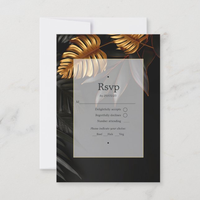 Tropische Hochzeit in Schwarz und Gold RSVP Karte (Vorderseite)