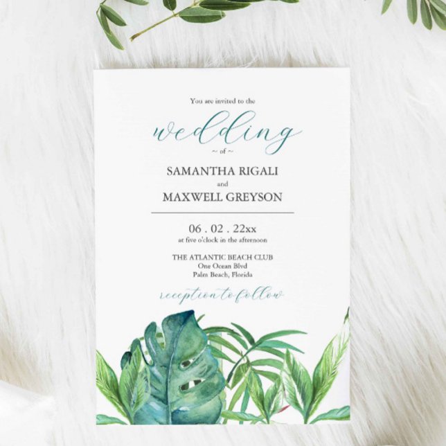 Tropische Hochzeit in Urlaubsort Einladung (Wedding invitation destination weddings watercolor tropical palm leave art by Victoria Grigaliunas)