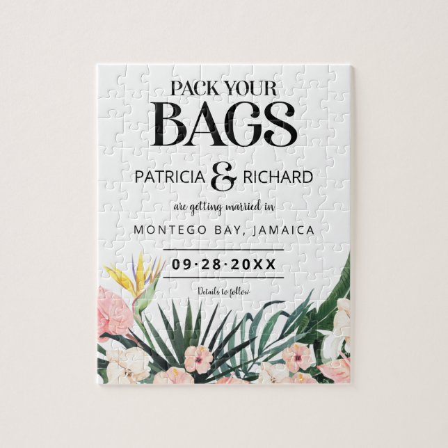 Tropische Hochzeit in Urlaubsort Save the Date Puzzle (Vertikal)