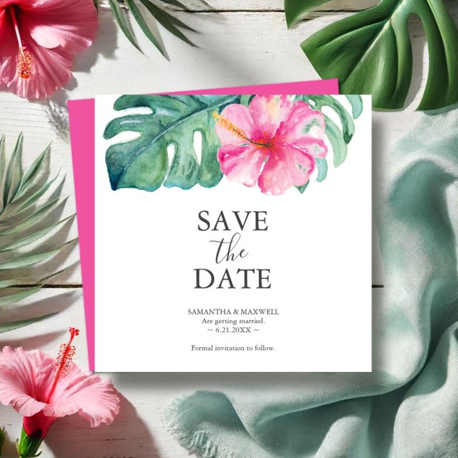 Tropische Hochzeit in Urlaubsort Speichern Sie die Save The Date (Destination wedding save the date invitations watercolor pink hibiscus flower and palm leaf)