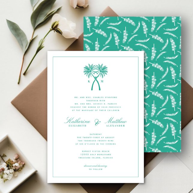 Tropische Hochzeit in Urlaubsort von Knotted Palm  Einladung (Knotted Palm Trees Tropical Destination Wedding Invitation @ fatfatin_blue_knot)