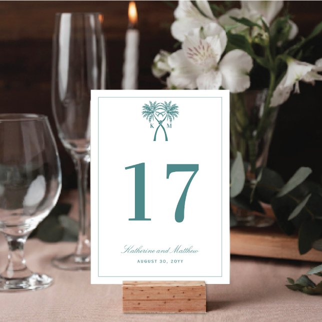 Tropische Hochzeit in Urlaubsort von Knotted Palm  Tischnummer (Knotted Palm Trees Tropical Destination Wedding Table Number Card @ fatfatin_blue_knot)