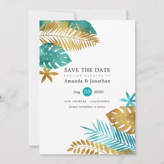 Tropische Hochzeit mit aquamarinen und goldenen Fo Save The Date (Vorderseite)