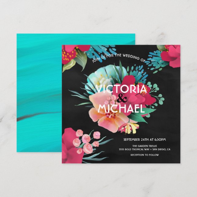 Tropische Hochzeit mit feinem und hellen Blumen Einladung (Vorne/Hinten)