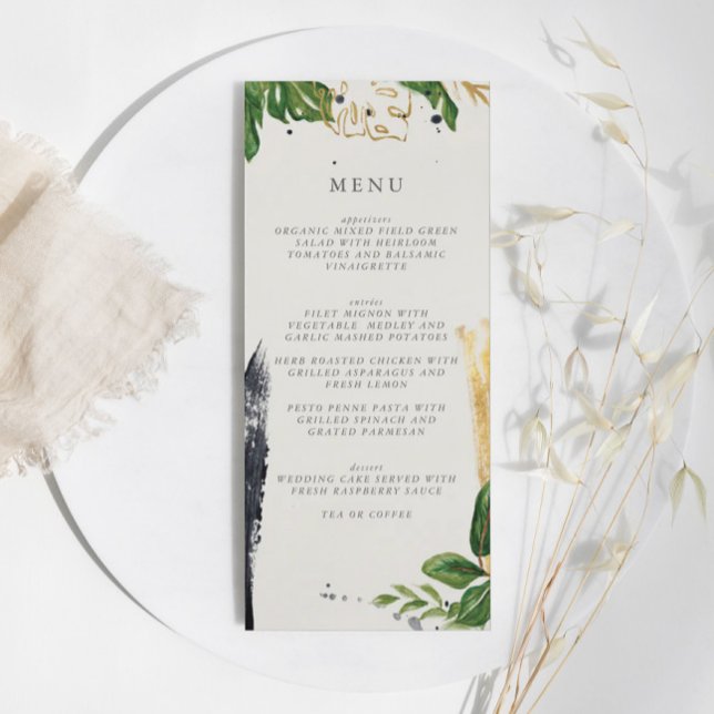Tropische Hochzeit mit grüner und goldener Wasserf Menükarte (Green & Gold Watercolor Tropical Wedding Menu)