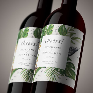 Tropische Hochzeit mit grüner und goldener Wasserf Weinetikett