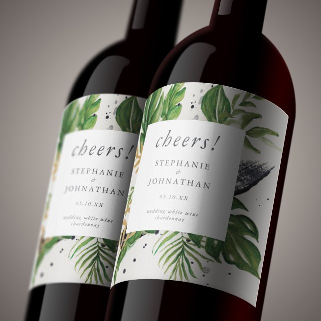 Tropische Hochzeit mit grüner und goldener Wasserf Weinetikett (Green & Gold Watercolor Tropical Wedding Wine Label)