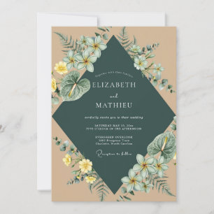 Tropische Hochzeit mit Sand, Palme und Eukalyptus Einladung
