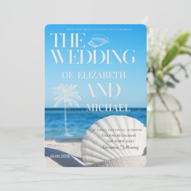 Tropische Hochzeit Ozean-Strand-Hochzeit Einladung (Stehend Vorderseite)
