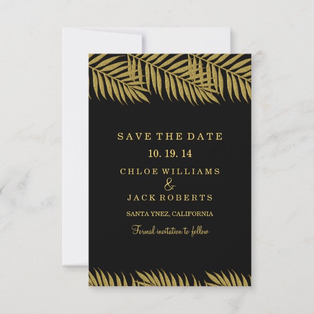 Tropische Hochzeit von Gold Palm Tree rettet das D Save The Date (Vorderseite)