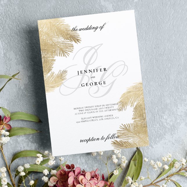 Tropische Hochzeit von weißem Goldmonogramm Einladung (White gold monogram initials tropical wedding )