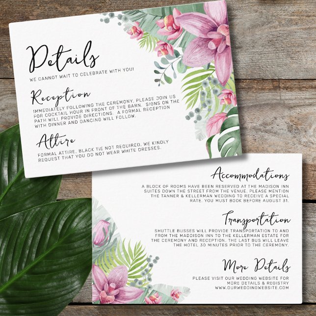 Tropische Hochzeitsdetails in der Blumenpalme Begleitkarte (Floral Palm Tropical Wedding Details Enclosure Card)