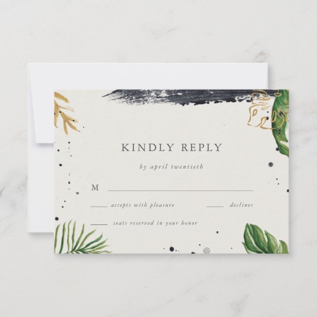 Tropische Hochzeitsfeier für Grüne und goldene Was RSVP Karte (Vorderseite)