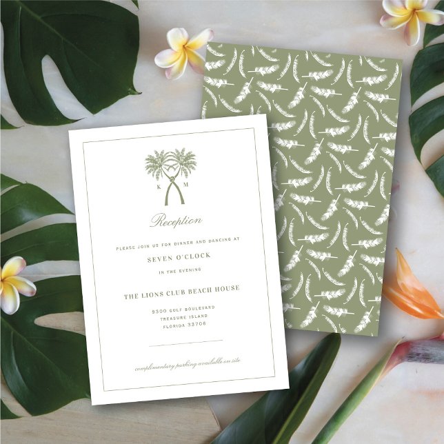 Tropische Hochzeitskarte für Palmen mit Knottierun Einladung (Knotted Palm Trees Tropical / Destination Wedding Reception Enclosure Card @ fatfatin_blue_knot)