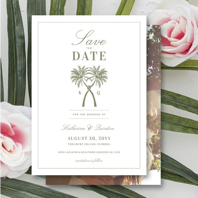 Tropische Hochzeitsszenarien mit Knotted Palm Tree Einladung (Knotted Palm Trees Tropical Wedding Save The Date Photo Announcement Card @ fatfatin_blue_knot)