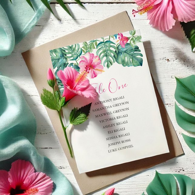 Tropische Hochzeitstabelle, Tischplan Einladung (Destination weddings seating chart card tropical pink hibiscus flowers art by Victoria Grigaliunas)