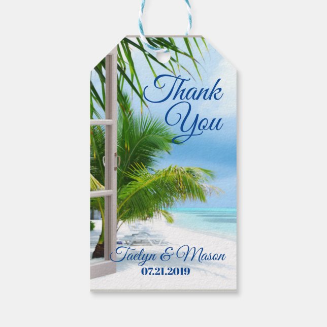 Tropische Hochzeitstrandszene Vielen Dank für Ihre Geschenkanhänger (Rückseite)