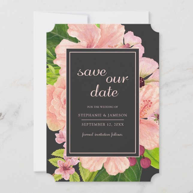 Tropische Holzkohle Peach Floral Save The Date (Vorderseite)