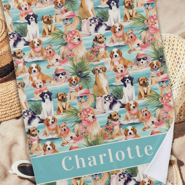 Tropische Hunde farbenfroher Sommer Personalisiert Strandtuch (Von Creator hochgeladen)