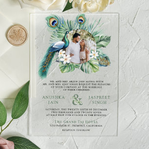 Tropische Indische Pfauen-Blumen-Hochzeit Acryleinladungen