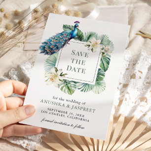 Tropische Indische Pfauen-Blumen-Hochzeit Save The Date