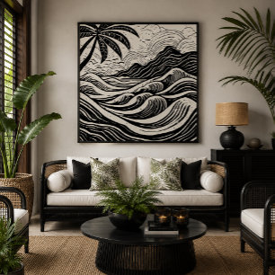 Tropische Insel am Meer im Holzprint-Stil Leinwanddruck