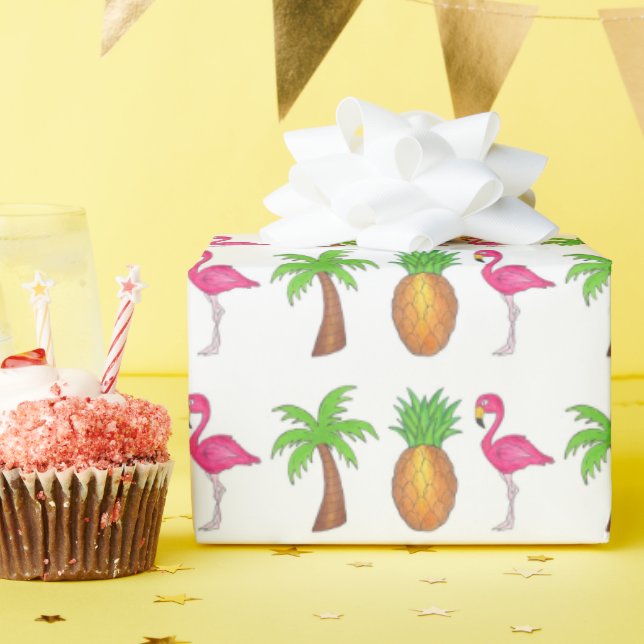 Tropische Insel Ananas Flamingo Palm Tree Beach Geschenkpapier (Geburtstagsparty)