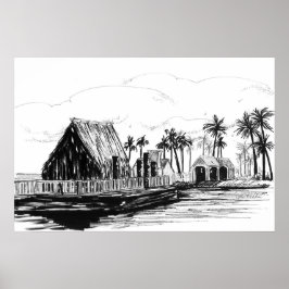 Tropische Insel Hütten Palmen Totempfähle Poster