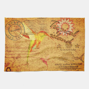 Tropische Insel Kolibri Vintage-Postkarte gelb Geschirrtuch