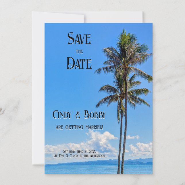 Tropische Insel, Palmen, blaues Meer, Hochzeitssaa Save The Date (Vorderseite)