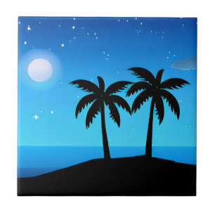 Tropische Insel-Silhouette mit Mond und Sternen Fliese
