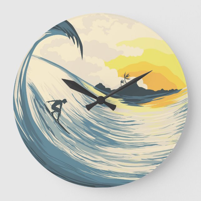 Tropische Insel, Welle, Surfer Sonnenuntergang. Große Wanduhr (Vorderseite)
