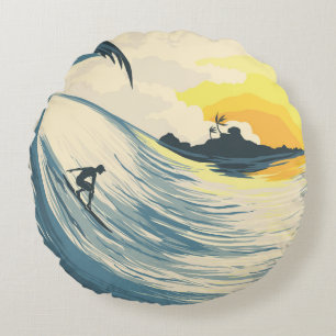 Tropische Insel, Welle, Surfer Sonnenuntergang. Rundes Kissen