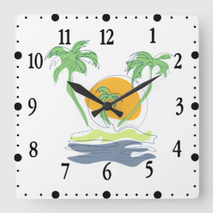 Tropische Inselstrand Szene. Umriss Palme Quadratische Wanduhr