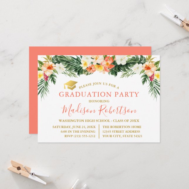 Tropische Korallenblume Gold Grad Party Einladung (Vorderseite/Rückseite Beispiel)