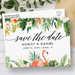 Tropische Korallenkalligraphie Save the Date Postkarte<br><div class="desc">Moderne Elegante Kalligraphie,  tropische Korallenflora und Grüne Hochzeit retten Postkarte</div>