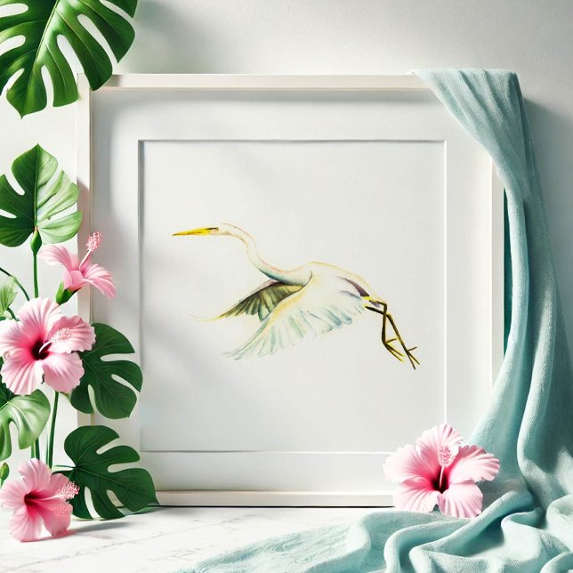 Tropische Kunst des Weißen Herbes Poster (beach art great white heron watercolor painting by Victoria Grigaliunas. Order prints.)