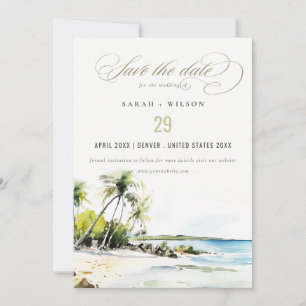 Tropische Küsten-Wasserfarben Ziel Hochzeit Save The Date