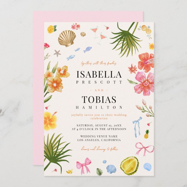 Tropische Küstenhandgezogene Blume Muscheln Hochze Einladung (Vorne/Hinten)